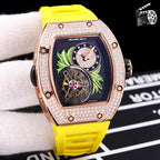 Richard Mille watch, yellow silicone strap, rose-gold crystal bezel, skeleton dial with green leaves