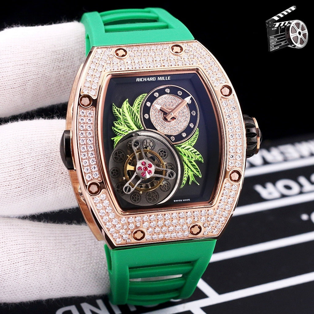 Richard Mille watch, green silicone strap, rose-gold crystal bezel, skeleton dial with green leaves