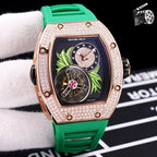 Richard Mille watch, green silicone strap, rose-gold crystal bezel, skeleton dial with green leaves