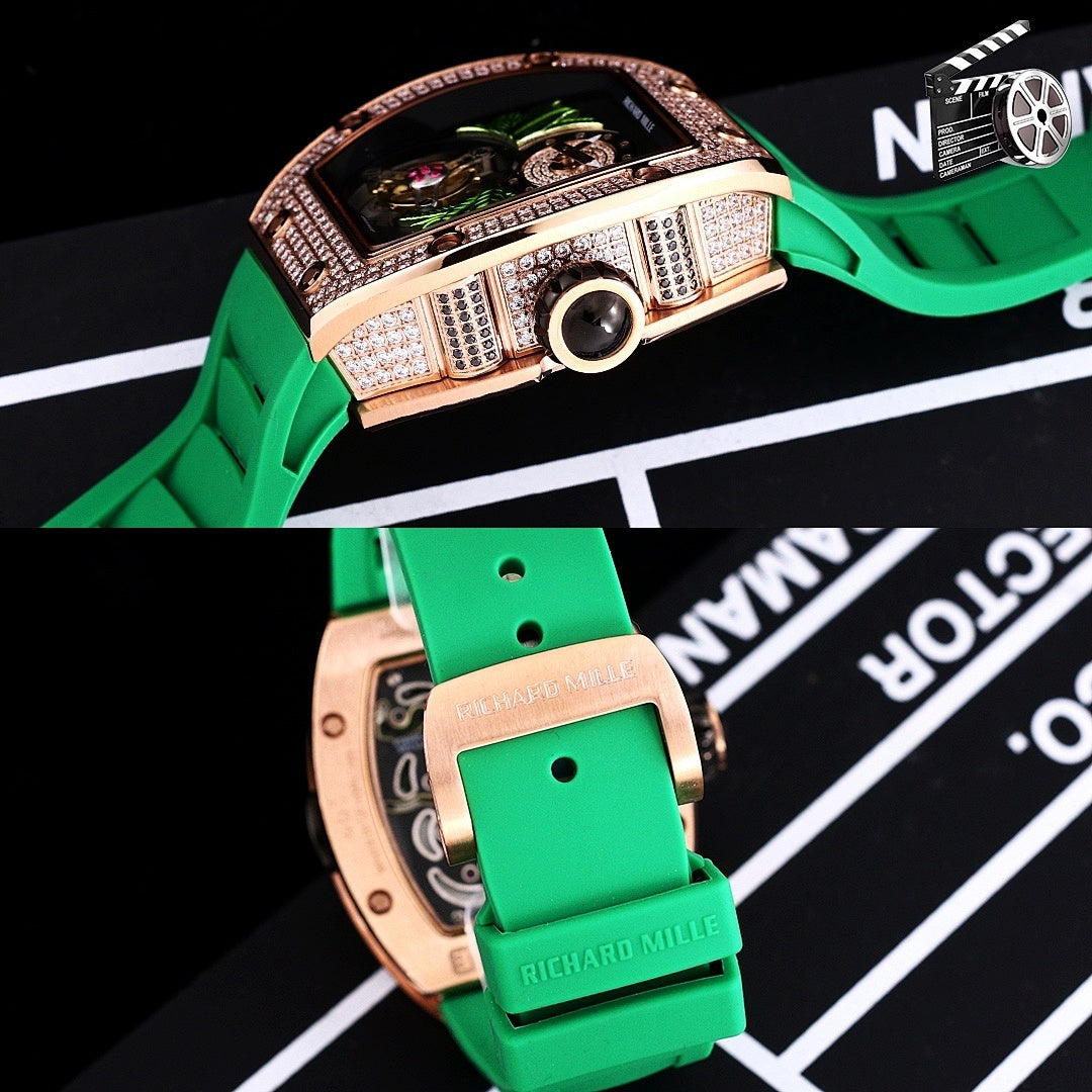 Richard Mille watch side view, green silicone strap, rose-gold crystal case bezel