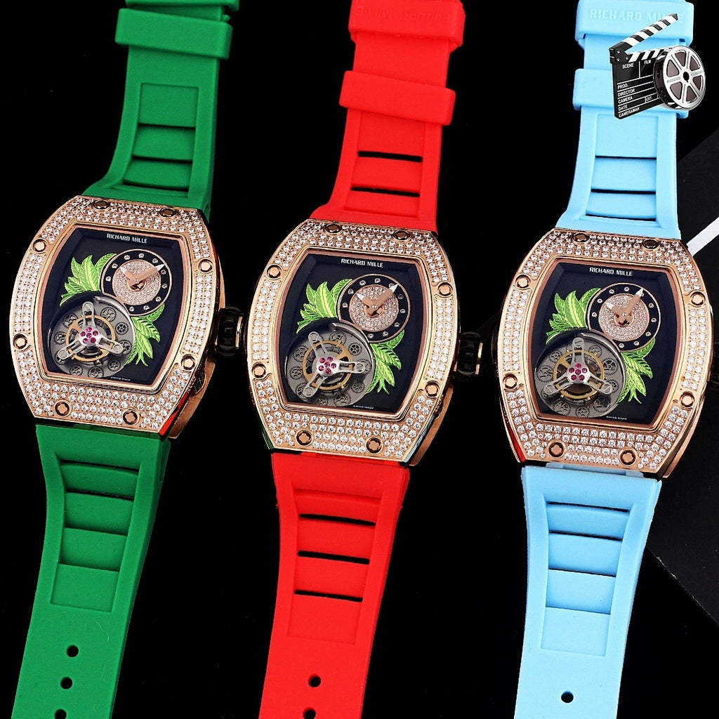 Three Richard Mille watches with green, red, and light blue silicone straps; crystal rose-gold bezels