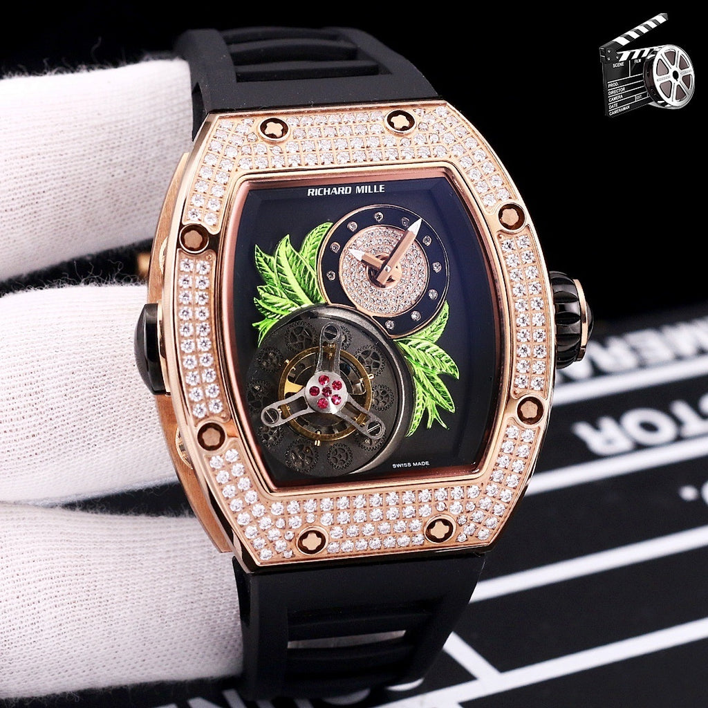 Richard Mille watch, black silicone strap, rose-gold crystal bezel, skeleton dial with green leaves