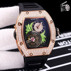 Richard Mille watch, black silicone strap, rose-gold crystal bezel, skeleton dial with green leaves