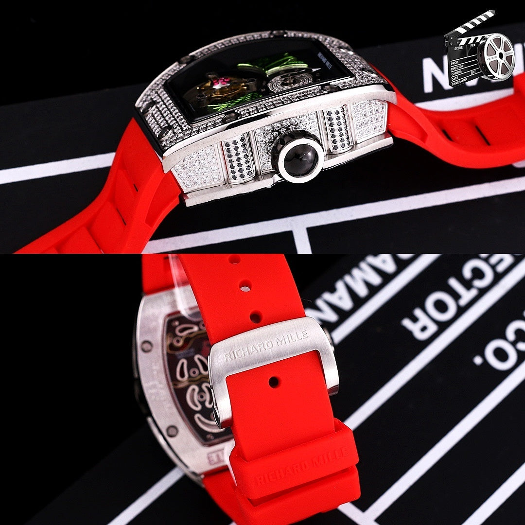 Silver-toned watch case detail with red silicone strap and bezel accents; dark dial visible.