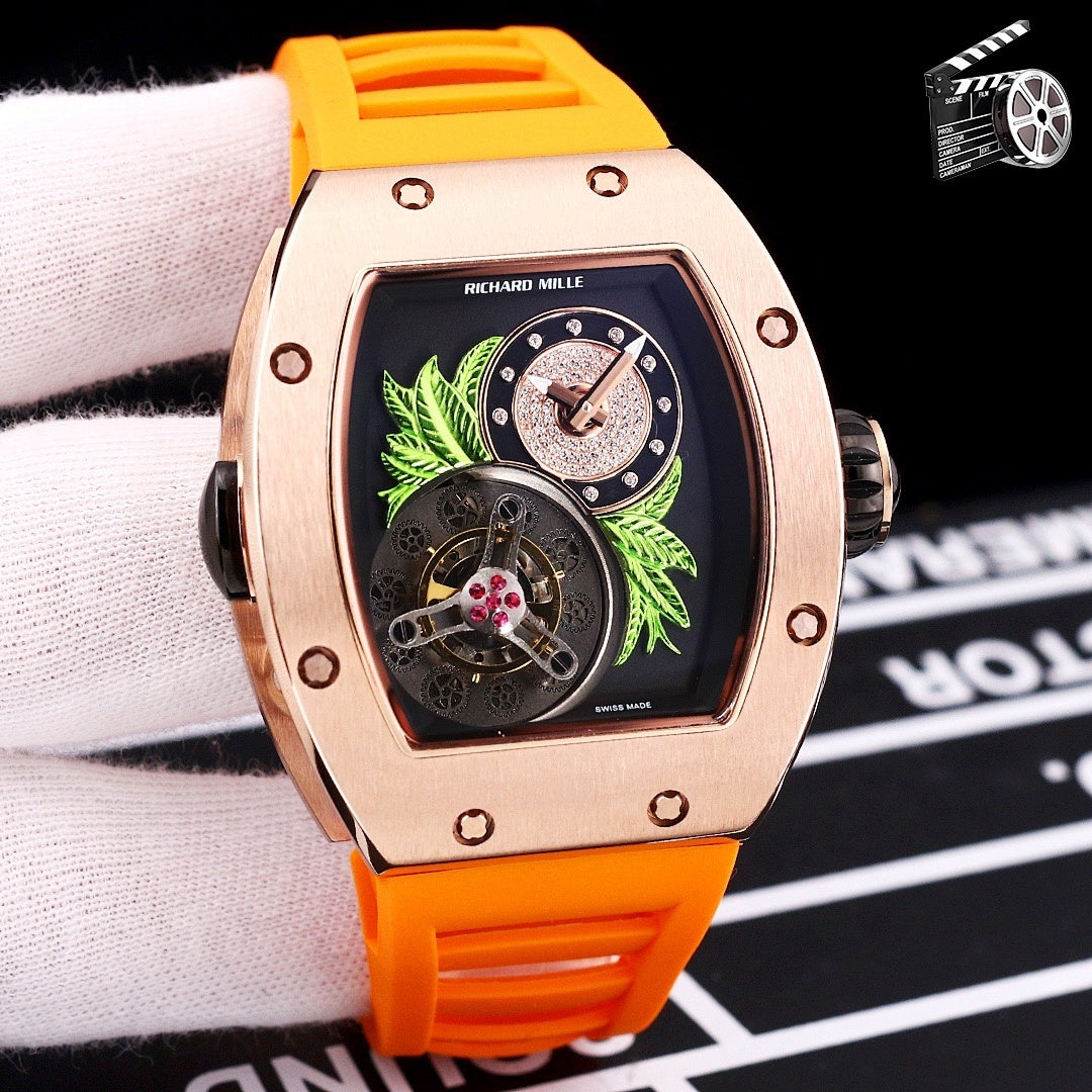 Richard Mille watch with rose-gold case and orange silicone strap, skeleton dial detail.