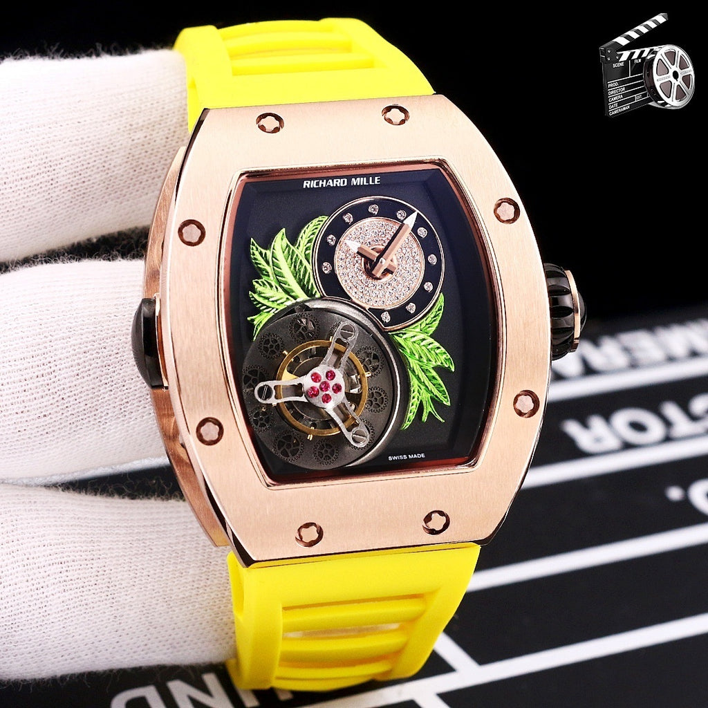 Richard Mille watch with rose-gold case and yellow silicone strap, skeleton dial detail.