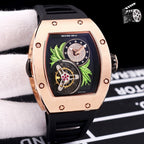 Richard Mille watch with rose-gold case and black silicone strap, skeleton dial detail.