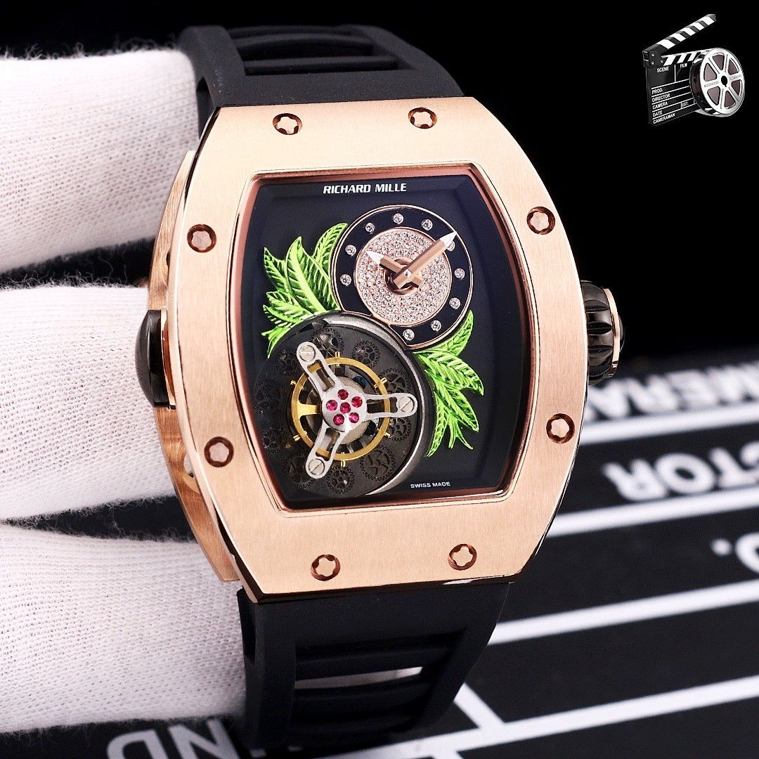 Richard Mille watch with rose-gold case and black silicone strap, skeleton dial detail.