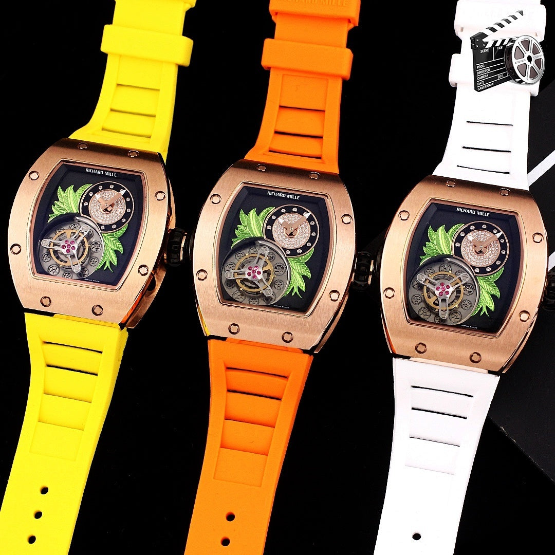 Richard Mille watches with yellow, orange, and white silicone straps, rose-gold cases.