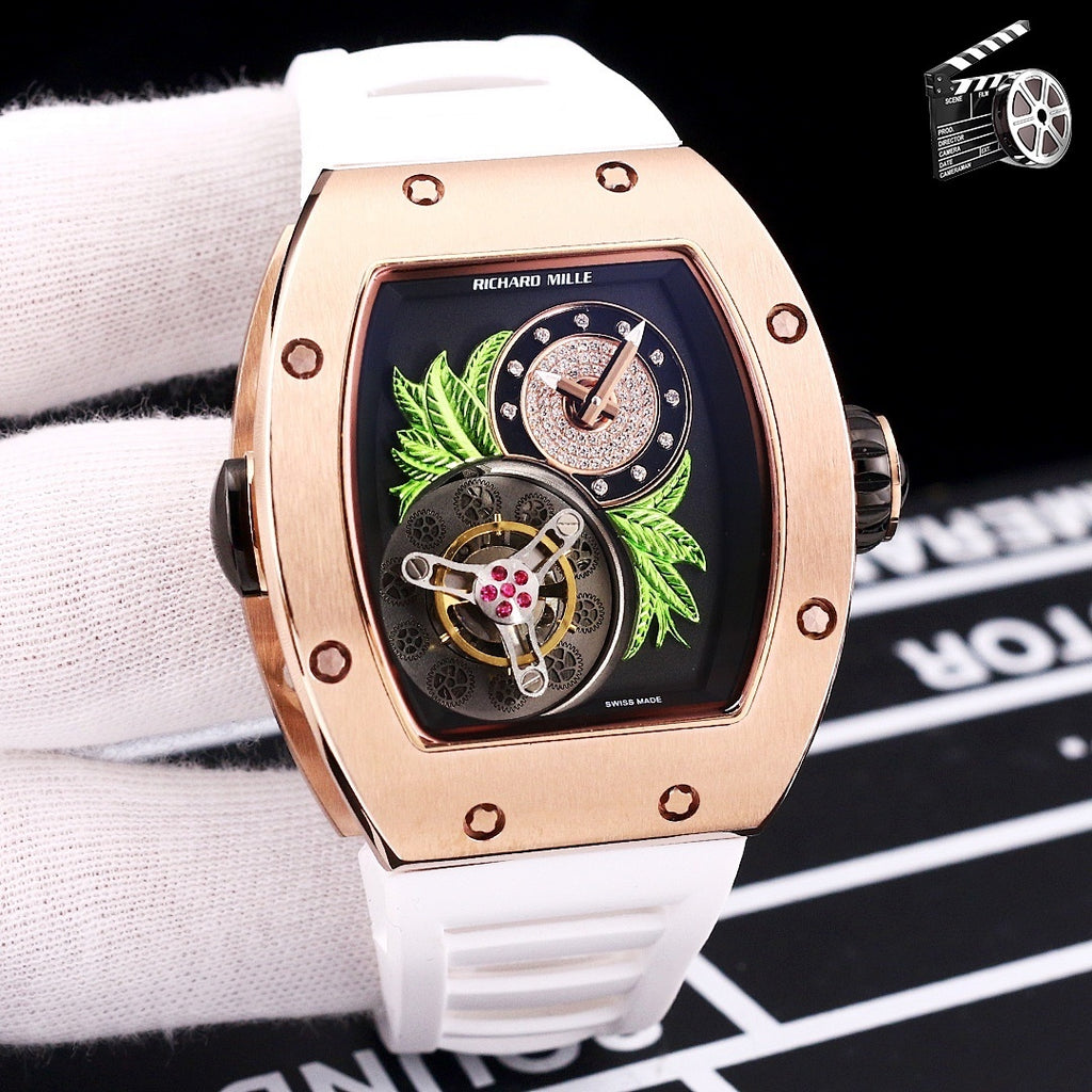 Richard Mille watch with rose-gold case and white silicone strap, skeleton dial detail.