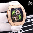 Richard Mille watch with rose-gold case and white silicone strap, skeleton dial detail.