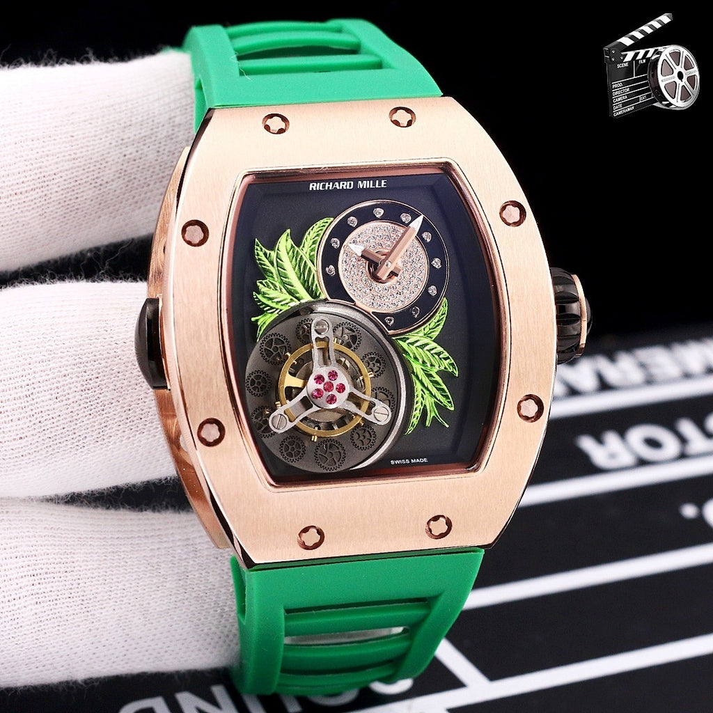 Richard Mille watch with rose-gold case and green silicone strap, skeleton dial detail.