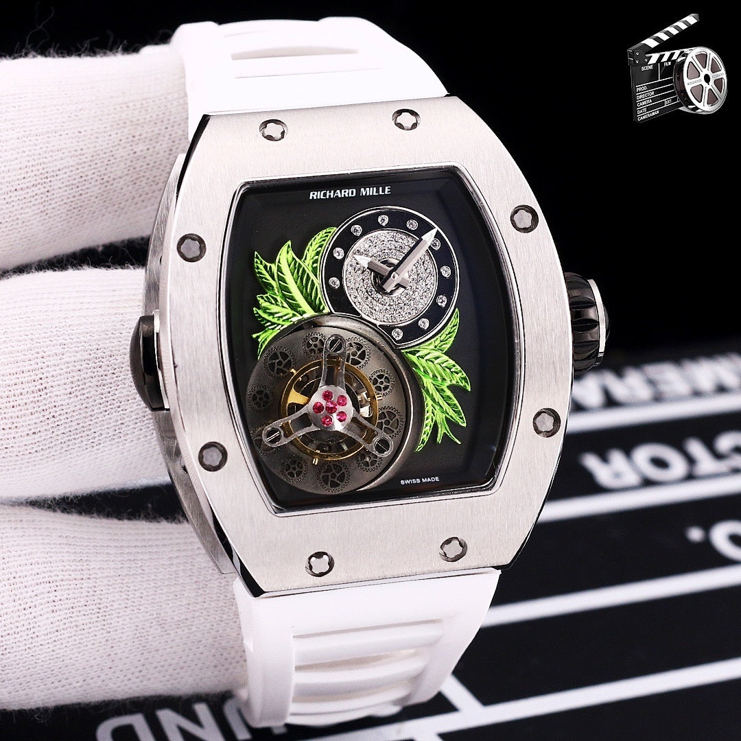 Richard Mille watch with white silicone strap and octagonal stainless-steel case
