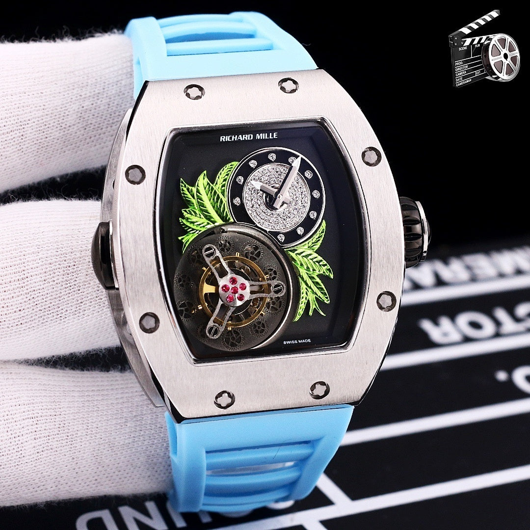 Richard Mille watch with light blue silicone strap and octagonal stainless-steel case