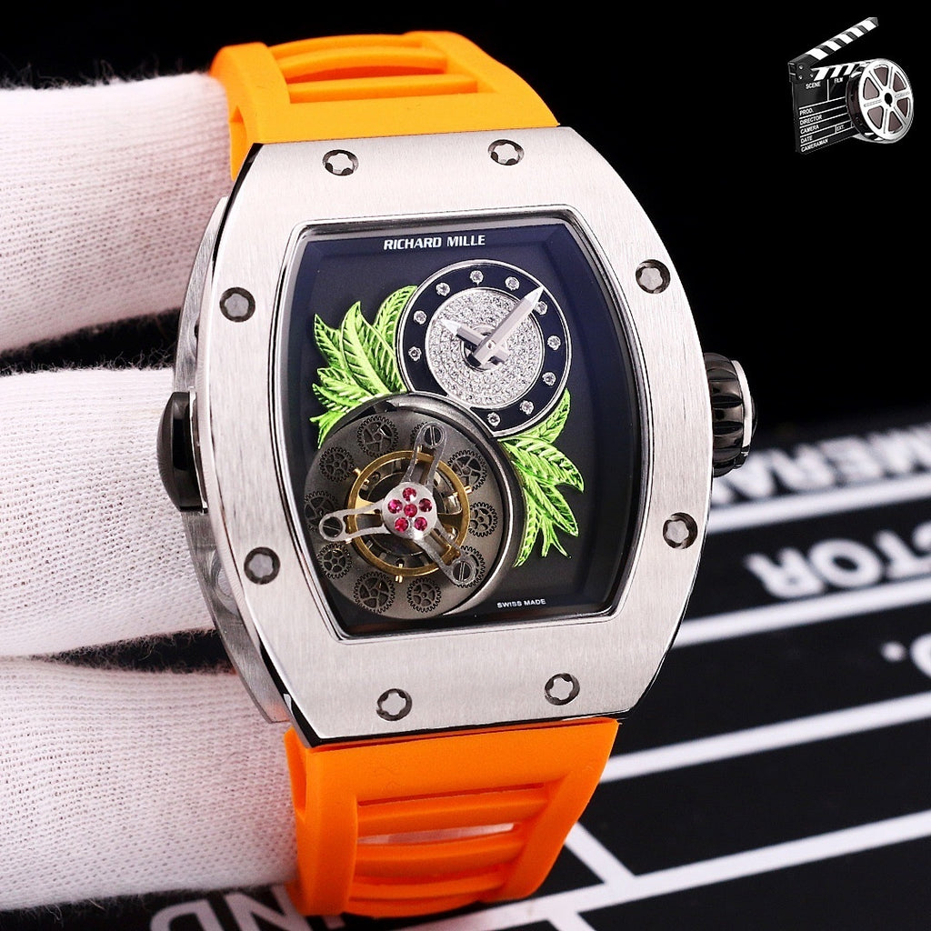 Richard Mille watch with orange silicone strap and octagonal stainless-steel case