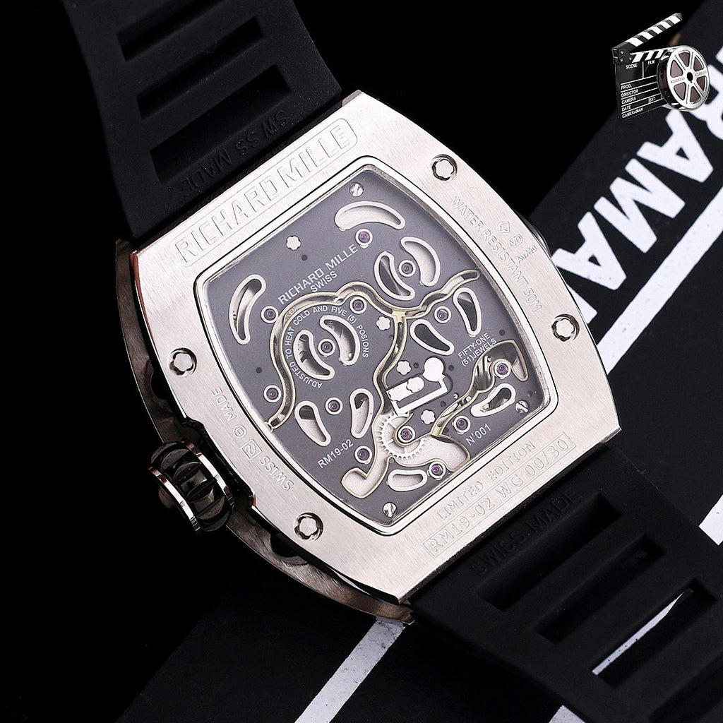 Richard Mille watch back with exposed mechanics and black silicone strap