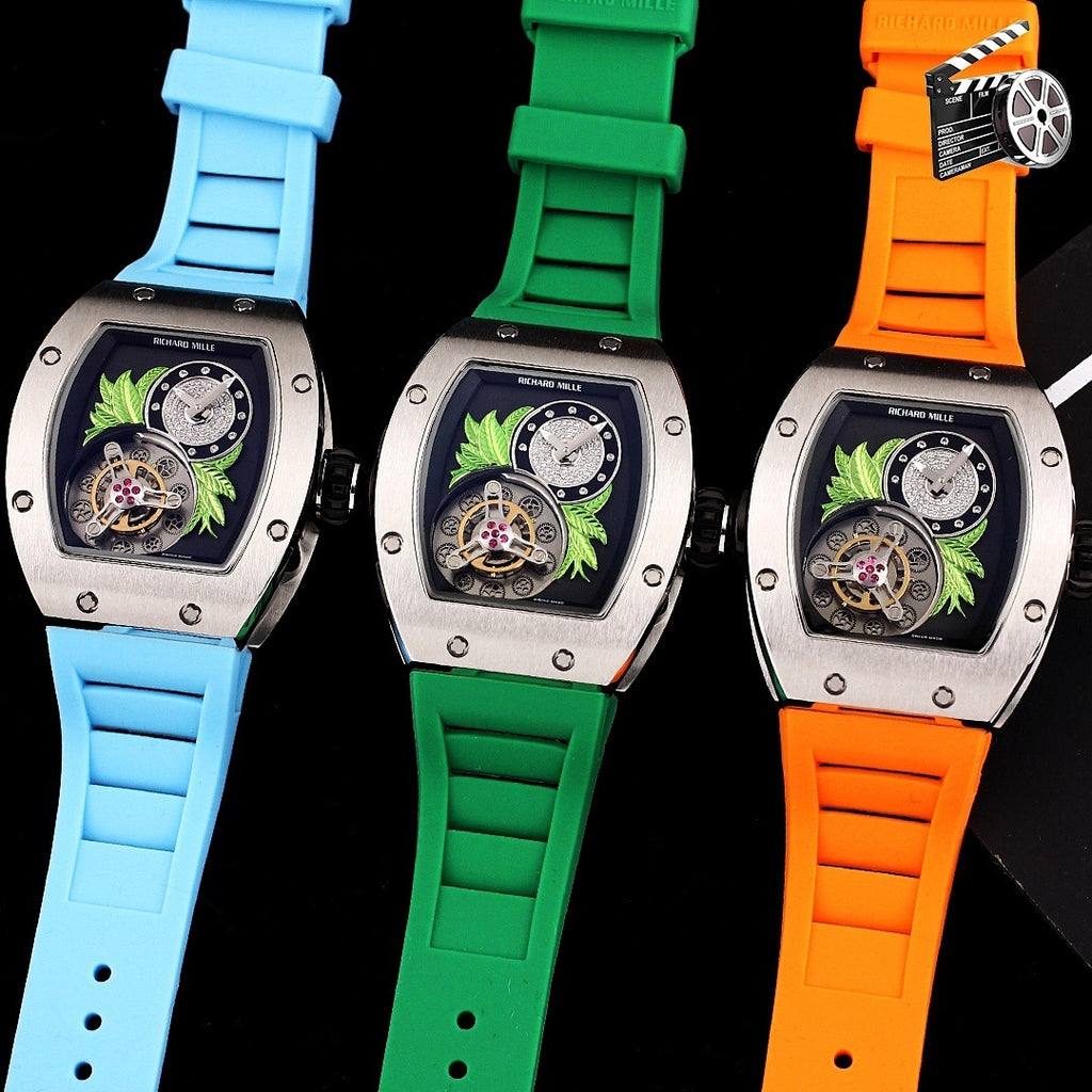 Richard Mille watches with blue, green, and orange silicone straps, octagonal cases