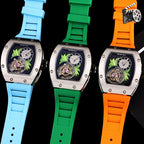 Richard Mille watches with blue, green, and orange silicone straps, octagonal cases