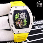 Richard Mille watch front with yellow silicone strap and octagonal steel case