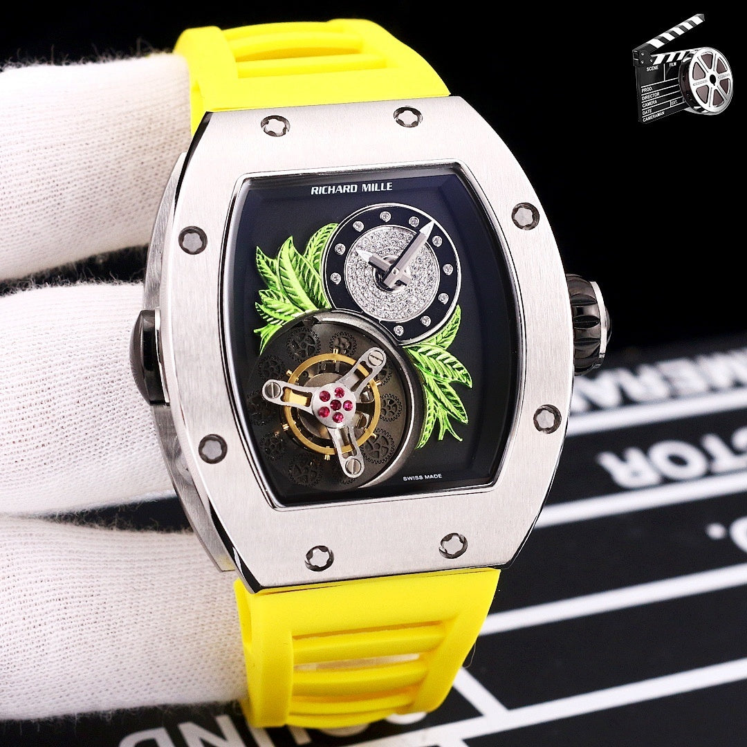 Richard Mille watch front with yellow silicone strap and octagonal steel case