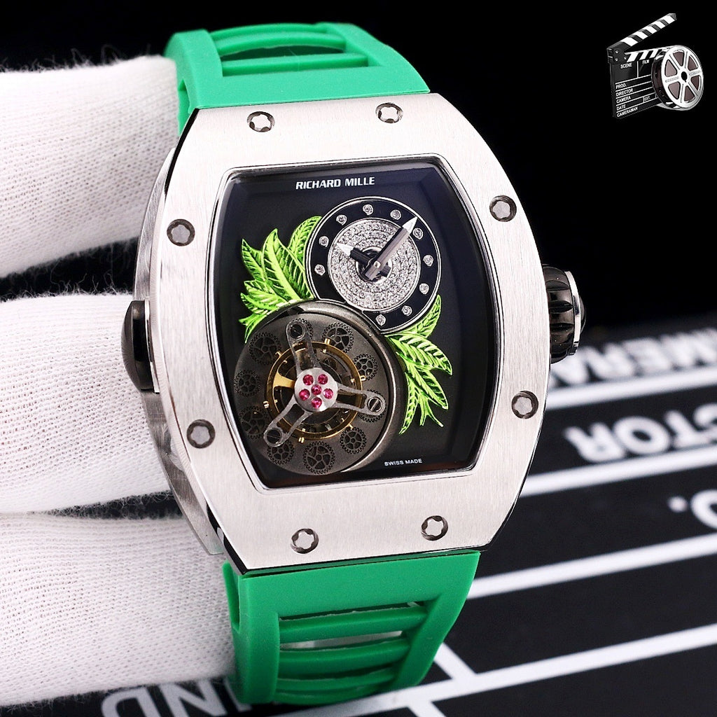 Richard Mille watch with green silicone strap and octagonal stainless-steel case