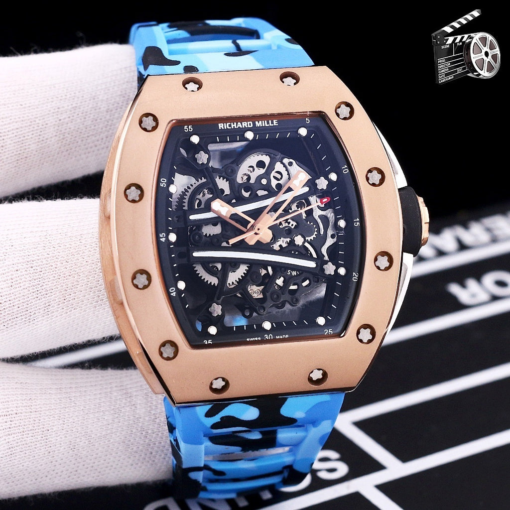 Richard Mille watch with rose gold case and blue camo rubber strap, skeleton dial.