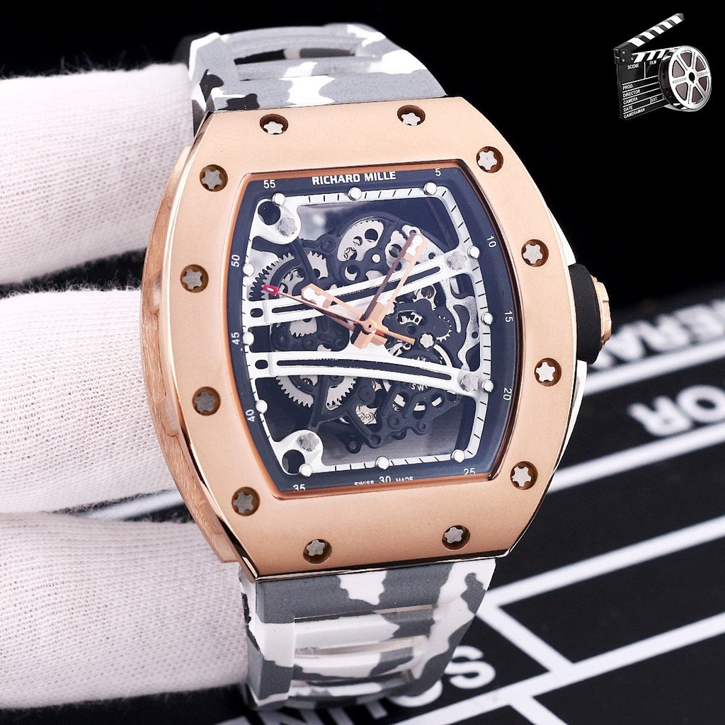 Richard Mille watch with rose gold case and white camo rubber strap, skeleton dial.