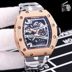 Richard Mille watch with rose gold case and white camo rubber strap, skeleton dial.