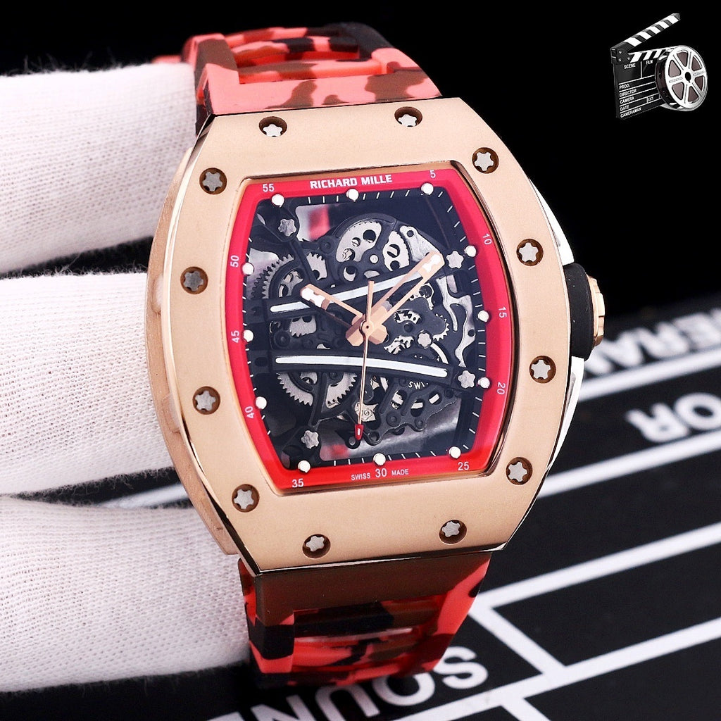 Richard Mille watch with rose gold case and red camo rubber strap, skeleton dial.