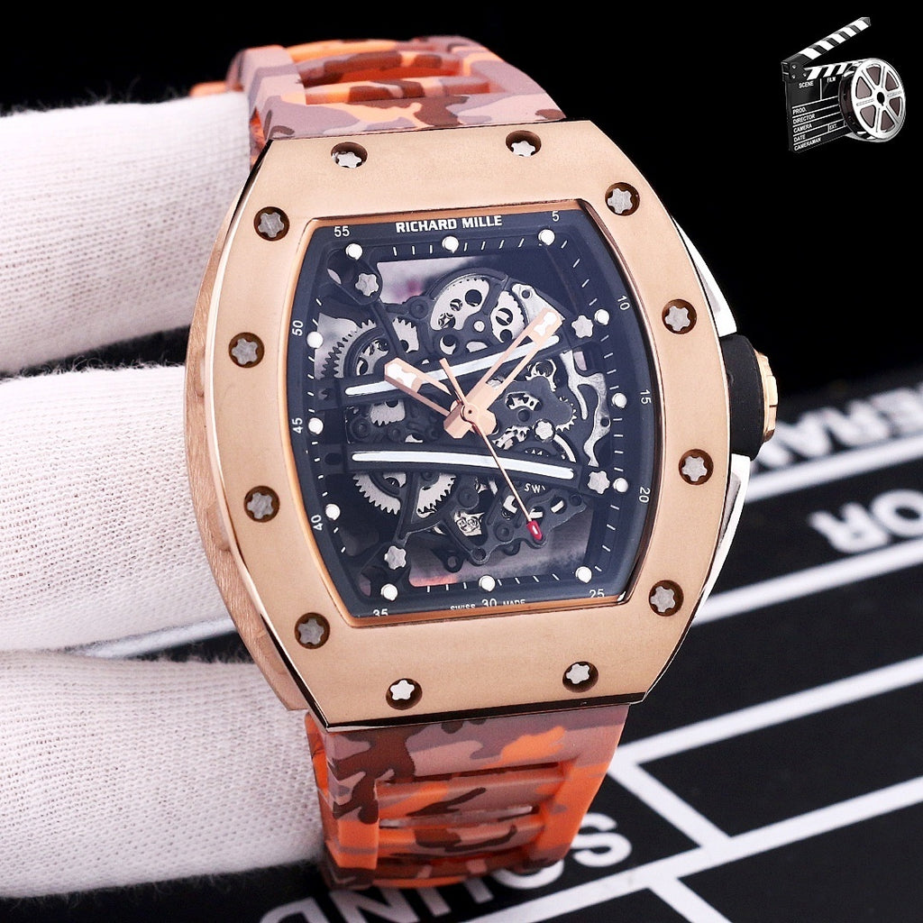 Richard Mille watch with rose gold case and orange camo rubber strap, skeleton dial.