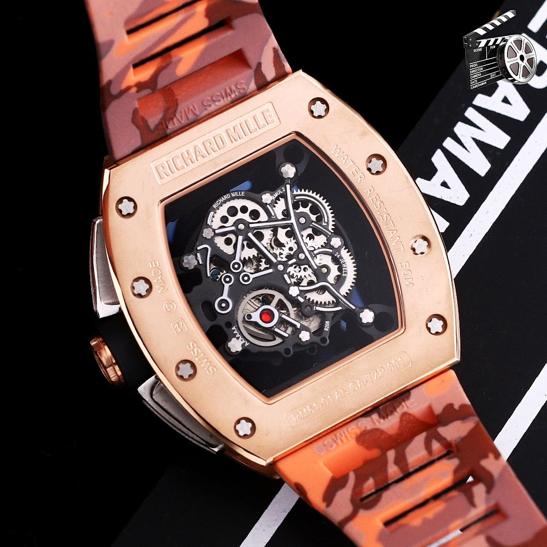 Richard Mille watch on rose gold case with orange camo rubber strap, open-work dial.