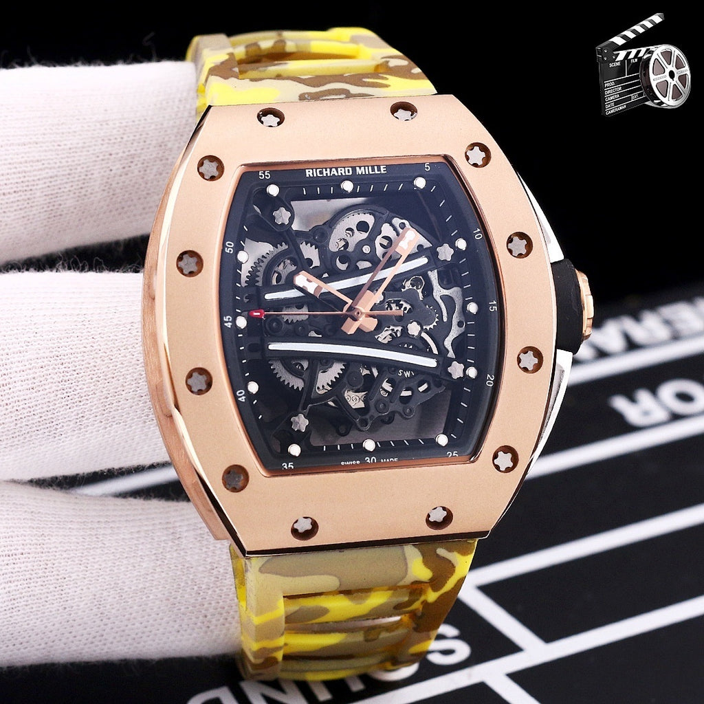 Richard Mille watch with rose gold case and yellow camo rubber strap, skeleton dial.