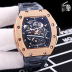 Richard Mille watch with rose gold case and dark camo rubber strap, skeleton dial.