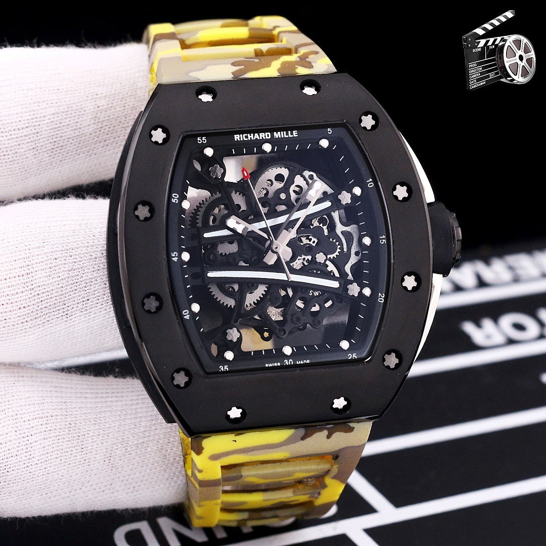 Richard Mille-style skeleton sport watch with black case and yellow camo rubber strap