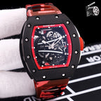 Richard Mille-style skeleton sport watch with black case and red camo rubber strap