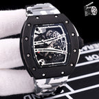 Richard Mille-style skeleton sport watch with black case and white camo rubber strap