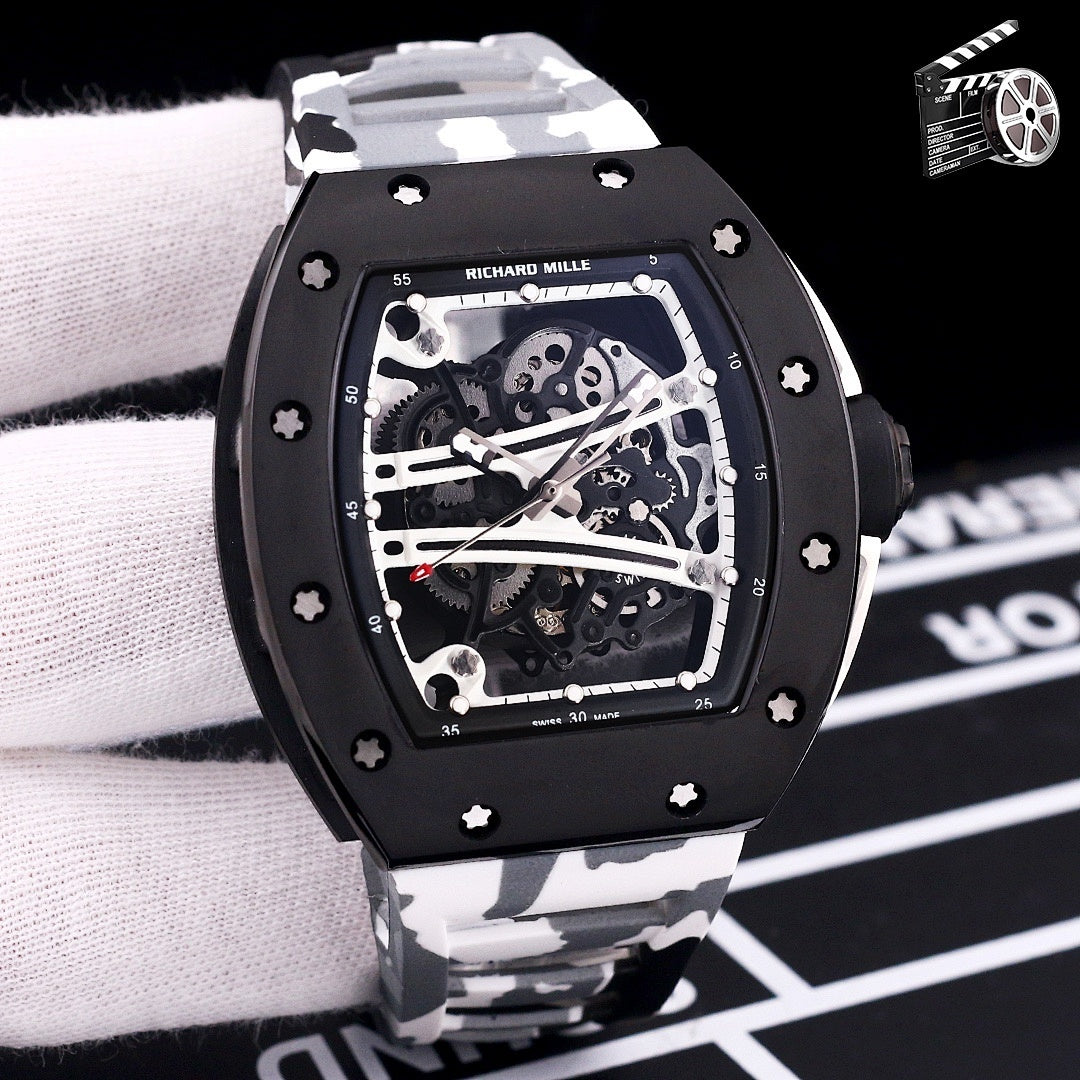 Richard Mille-style skeleton sport watch with black case and white camo rubber strap
