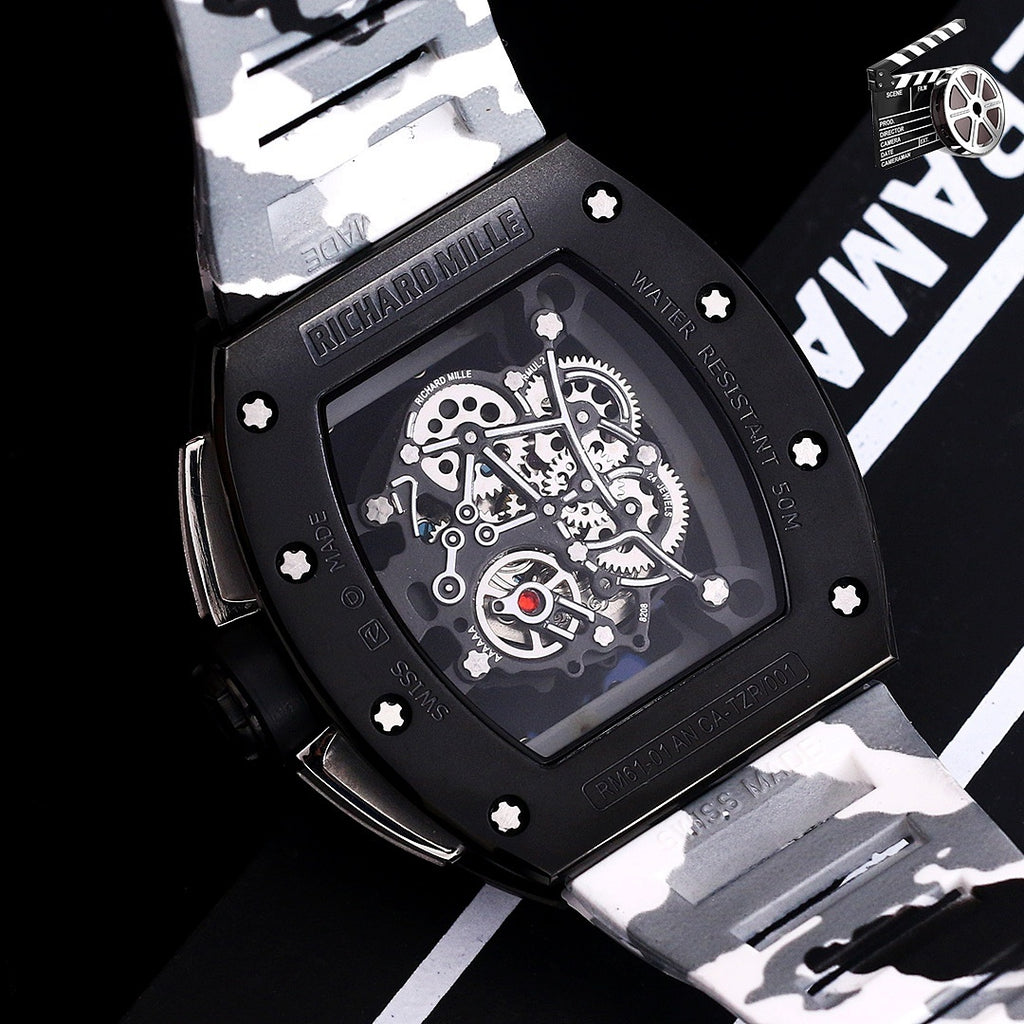 Richard Mille-style skeleton watch with black dial and black/white camo strap, angled view