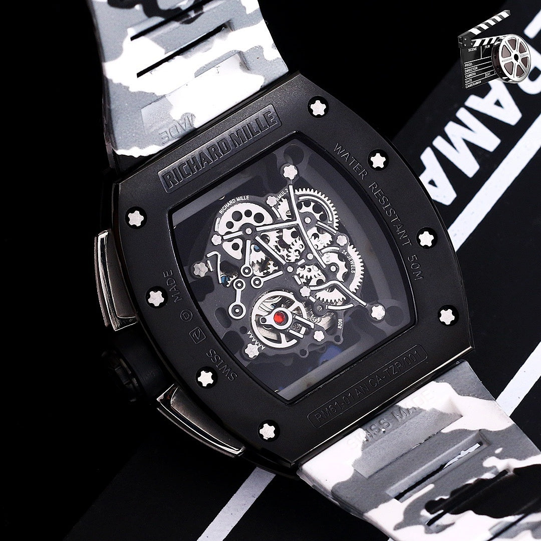 Richard Mille-style skeleton watch with black dial and black/white camo strap, angled view