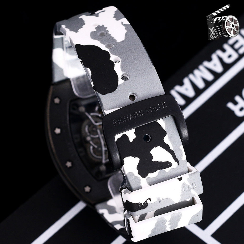 Richard Mille-style watch side view with black case and white/gray camo rubber strap
