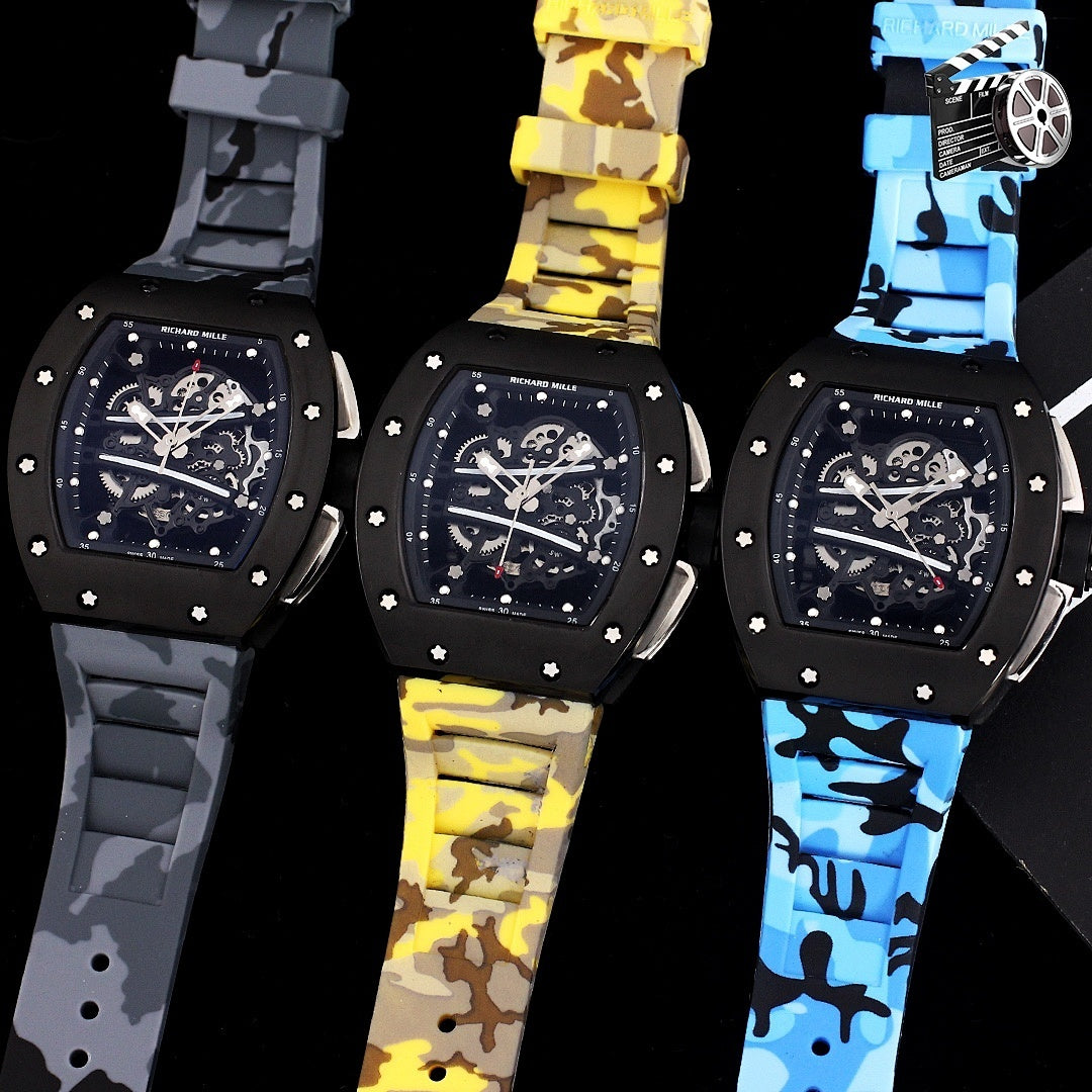 Three camo sport watches: dark, yellow, and blue straps with black cases