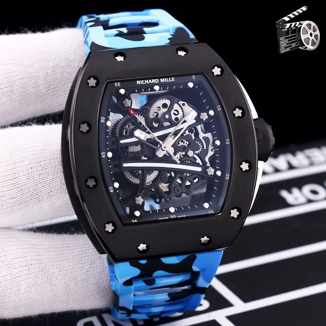 Richard Mille-style skeleton sport watch with black case and blue camo rubber strap, front