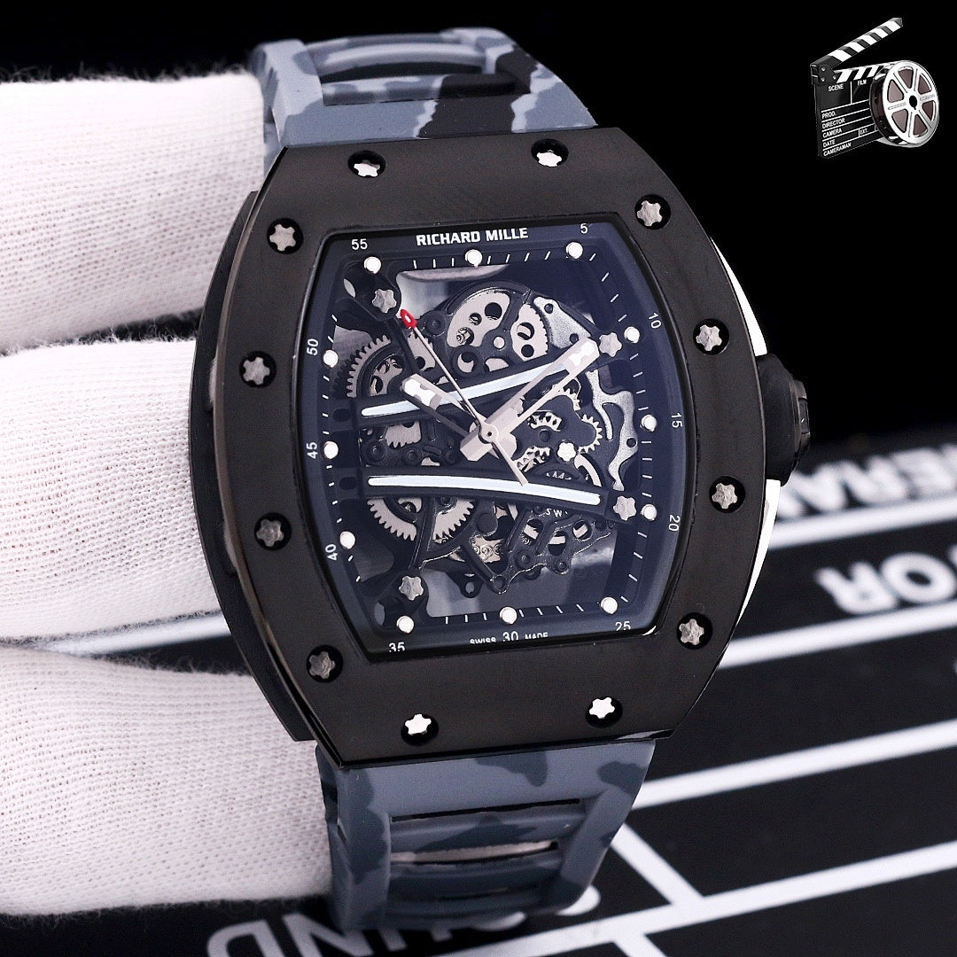 Richard Mille-style skeleton sport watch with black case and gray camo rubber strap