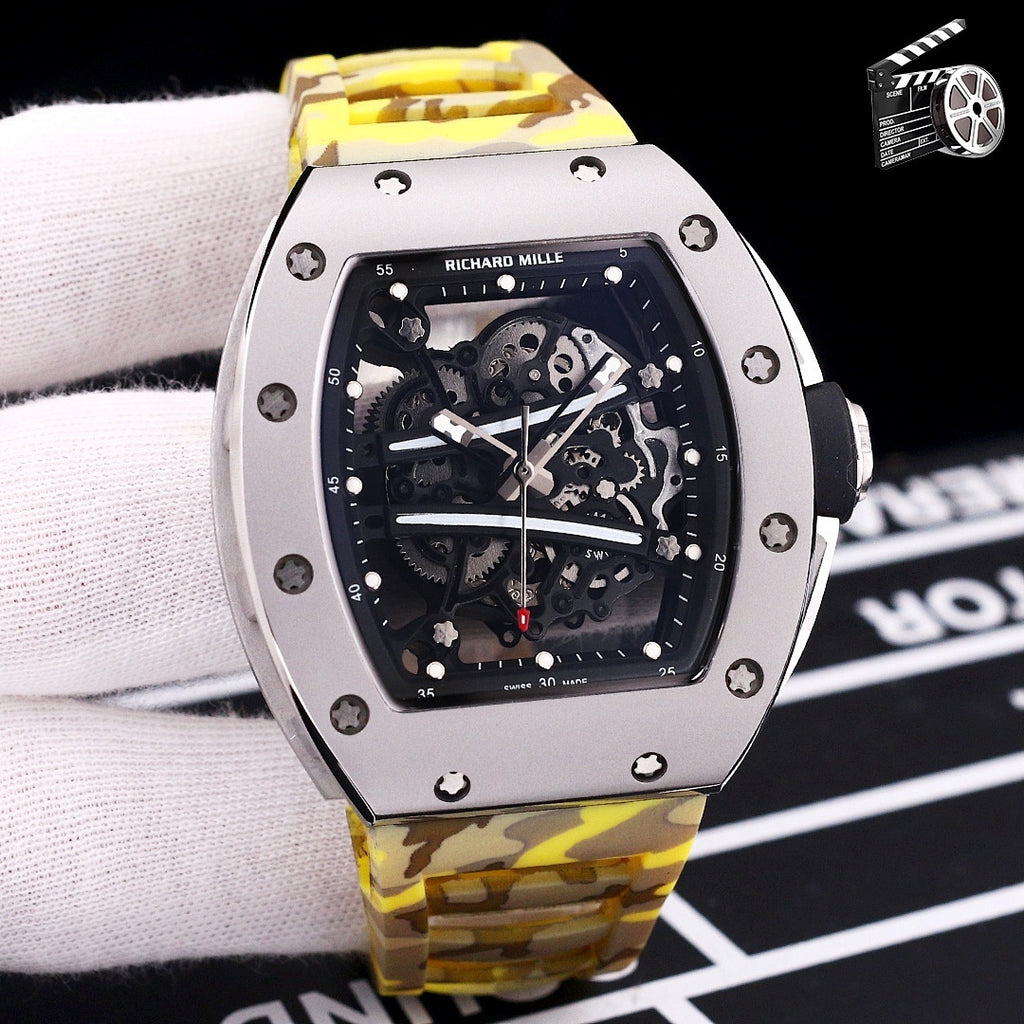 Richard Mille watch with camo yellow strap and skeleton dial in silver-tone case
