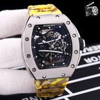 Richard Mille watch with camo yellow strap and skeleton dial in silver-tone case