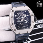 Richard Mille watch with camo blue strap and skeleton dial in silver-tone case