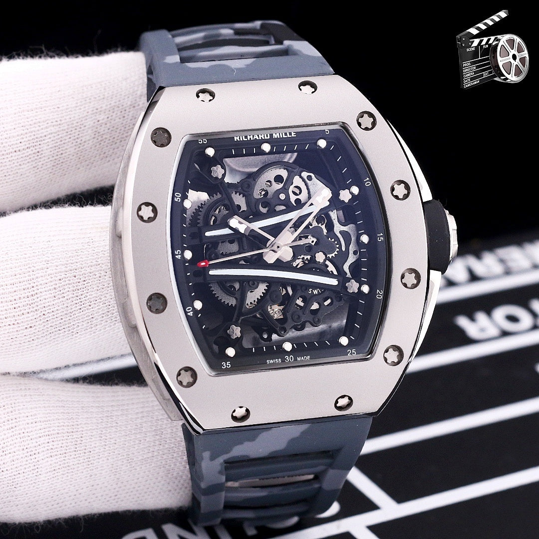 Richard Mille watch with camo blue strap and skeleton dial in silver-tone case