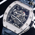 Richard Mille watch with camo blue strap and detailed skeleton dial in silver-tone case