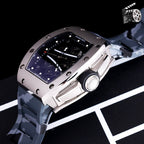 Richard Mille watch with camo blue strap and dark skeleton dial in silver-tone case