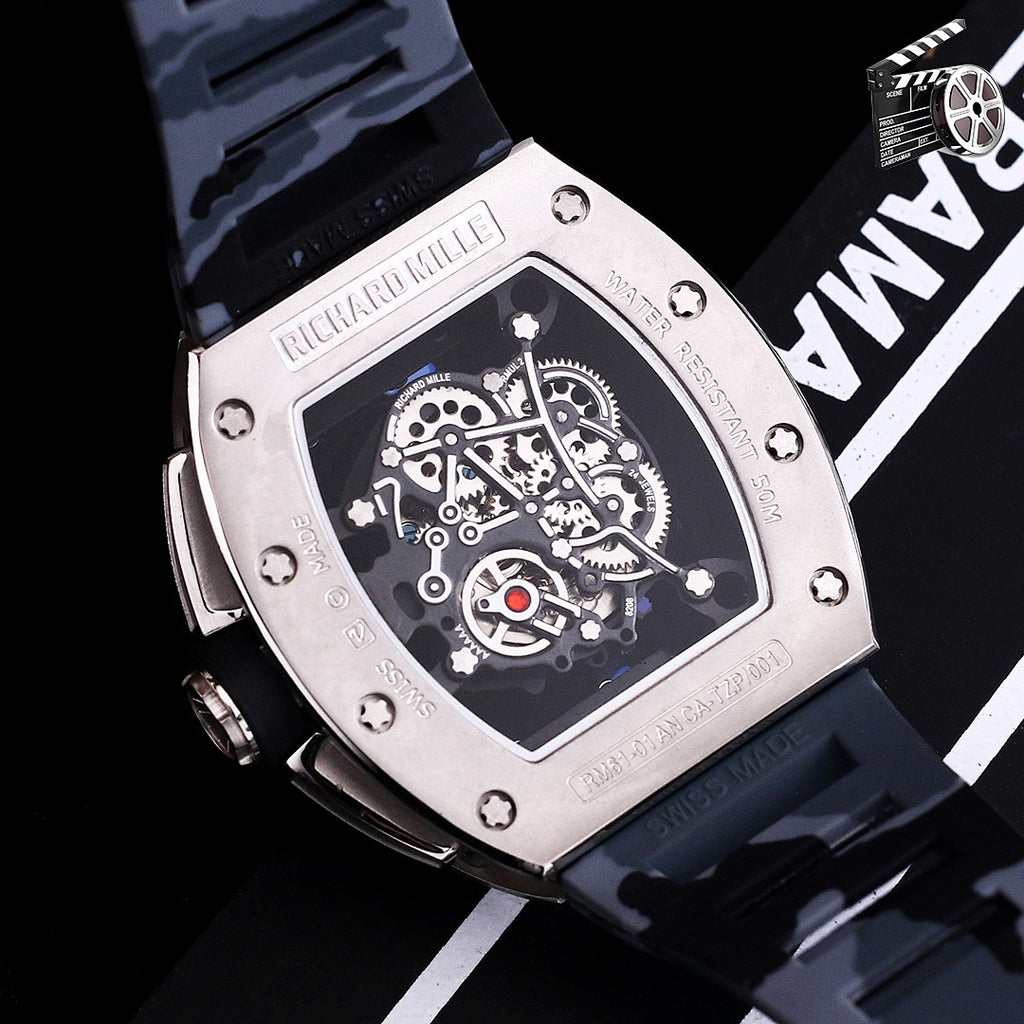Richard Mille watch with camo blue strap and skeleton dial in silver-tone case